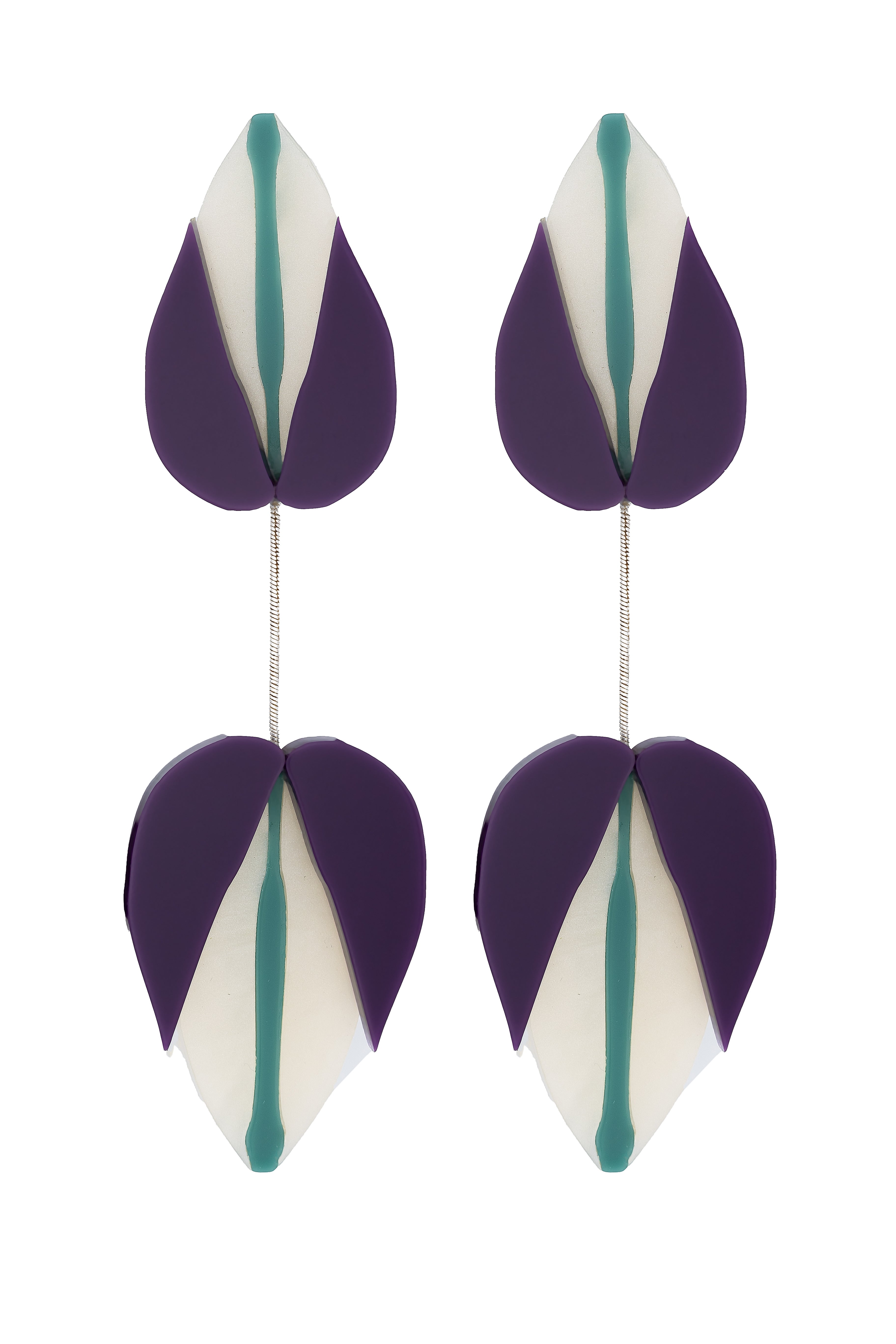 Handmade acrylic pendant necklace with reversible design in green, lilac, and teal. Adjustable cord, lightweight, and artistically bold — wearable statement art.