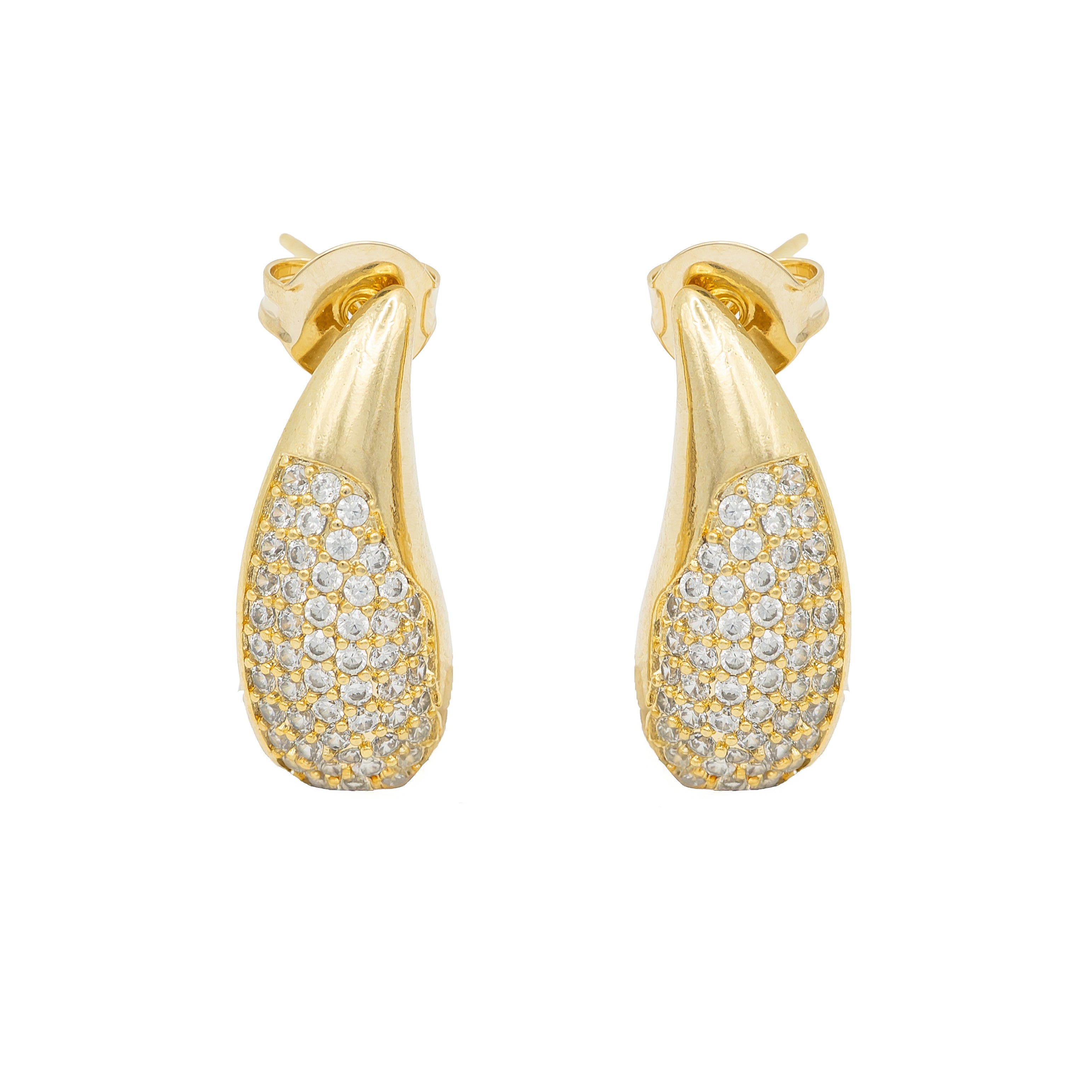 Comma-shaped pavé earrings in gold. Sculptural, lightweight, hypoallergenic. Statement sparkle with wit and elegance by DrammaⓇ.
