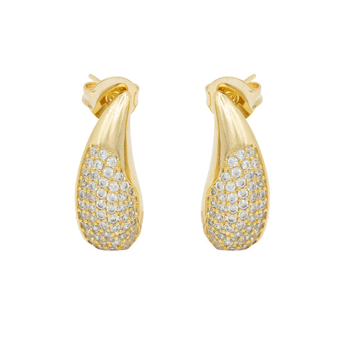 Comma-shaped pavé earrings in gold. Sculptural, lightweight, hypoallergenic. Statement sparkle with wit and elegance by DrammaⓇ.