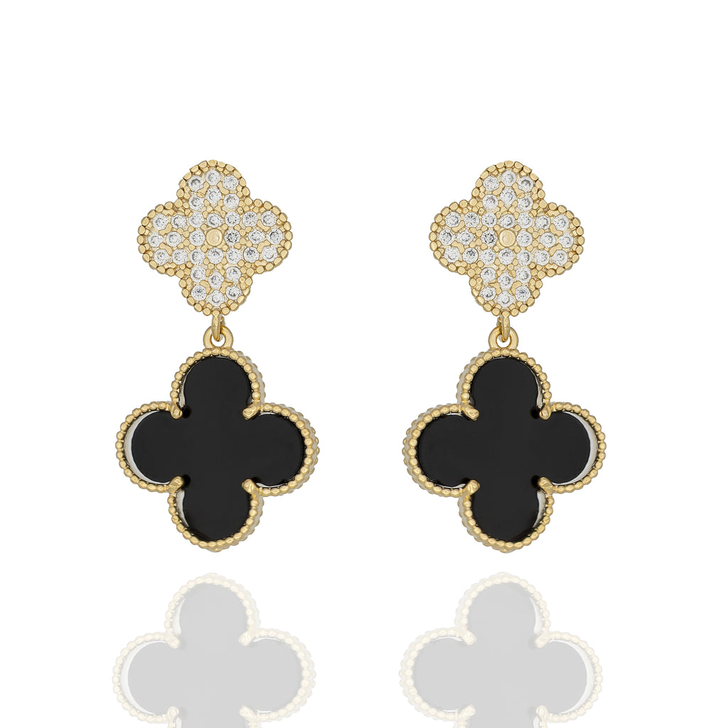 Black and crystal double clover earrings with gold detail. Bold, lightweight and hypoallergenic. Lucky charm with evening sparkle by DrammaⓇ.