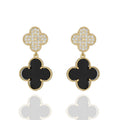 Black and crystal double clover earrings with gold detail. Bold, lightweight and hypoallergenic. Lucky charm with evening sparkle by DrammaⓇ.