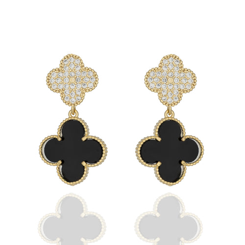 Black and crystal double clover earrings with gold detail. Bold, lightweight and hypoallergenic. Lucky charm with evening sparkle by DrammaⓇ.