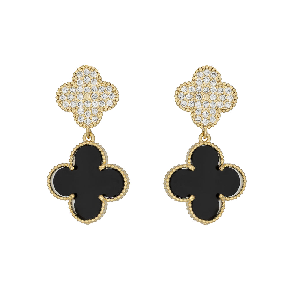 Black and crystal double clover earrings with gold detail. Bold, lightweight and hypoallergenic. Lucky charm with evening sparkle by DrammaⓇ.
