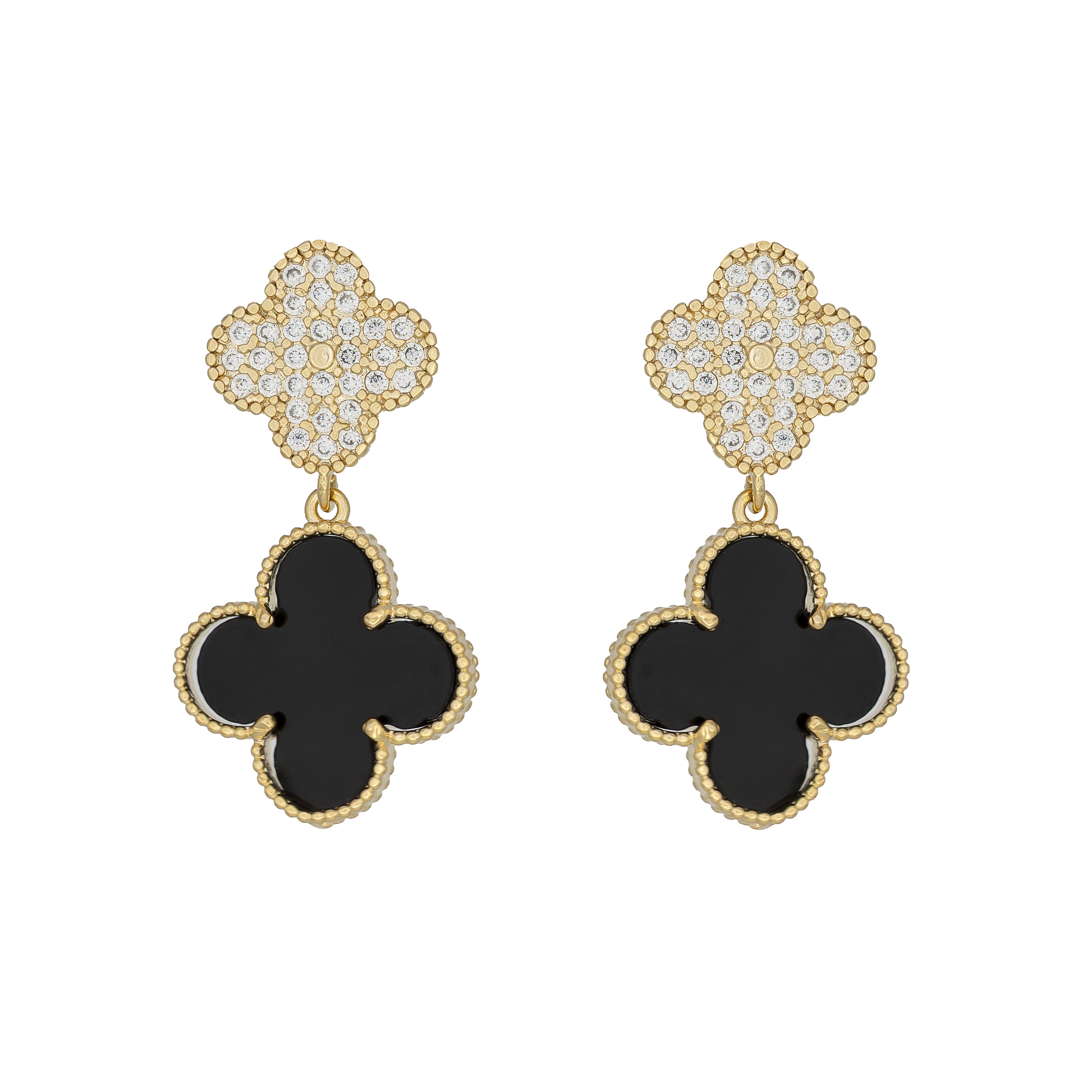 Black and crystal double clover earrings with gold detail. Bold, lightweight and hypoallergenic. Lucky charm with evening sparkle by DrammaⓇ.
