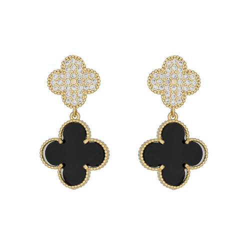 Black and crystal double clover earrings with gold detail. Bold, lightweight and hypoallergenic. Lucky charm with evening sparkle by DrammaⓇ.
