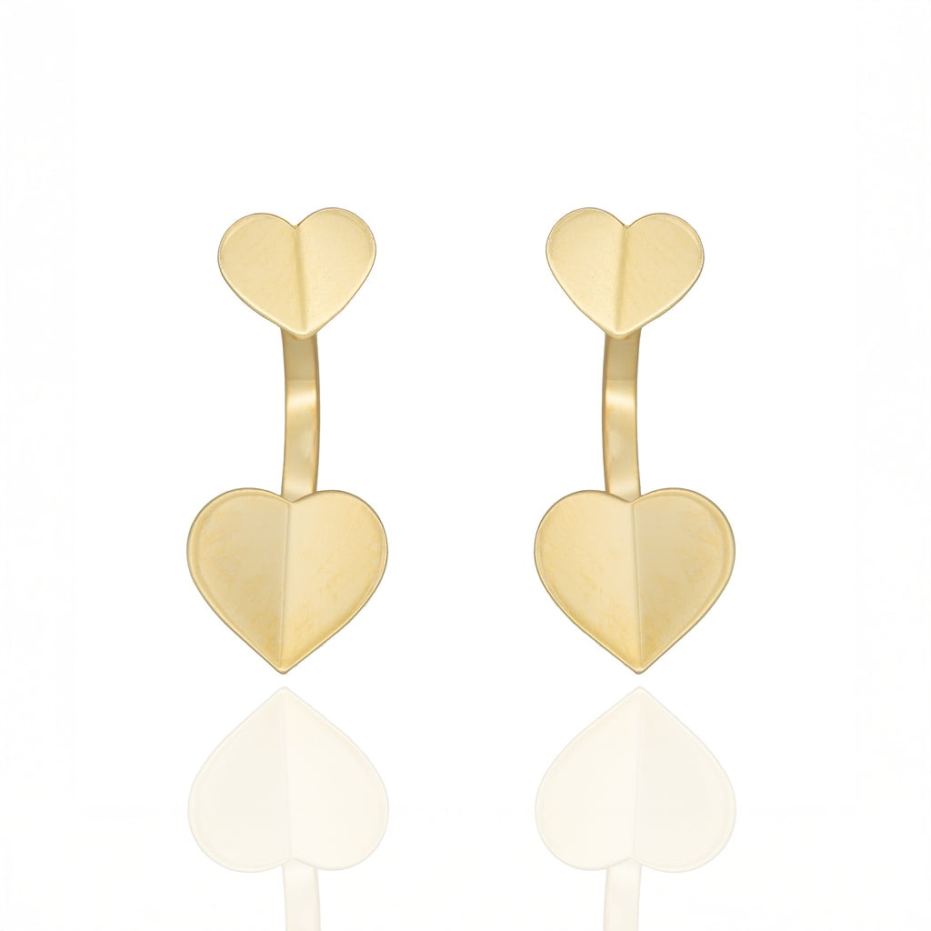 Double Pulse gold heart earrings with sculptural jacket design. Lightweight, hypoallergenic, bold yet delicate, hypoallergenic & handmade. Modern romantic statement by Dramma®
