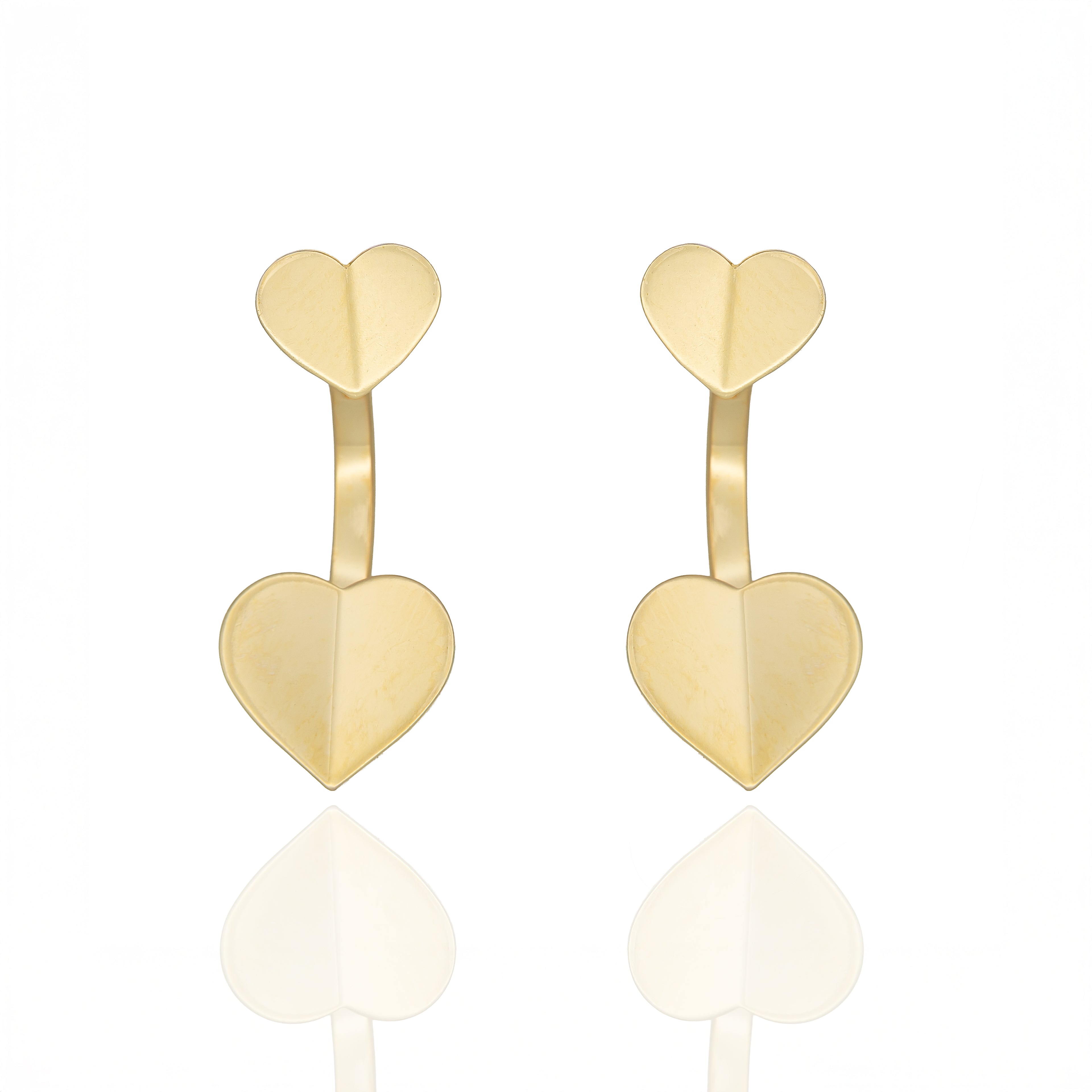 Double Pulse gold heart earrings with sculptural jacket design. Lightweight, hypoallergenic, bold yet delicate, hypoallergenic & handmade. Modern romantic statement by Dramma®