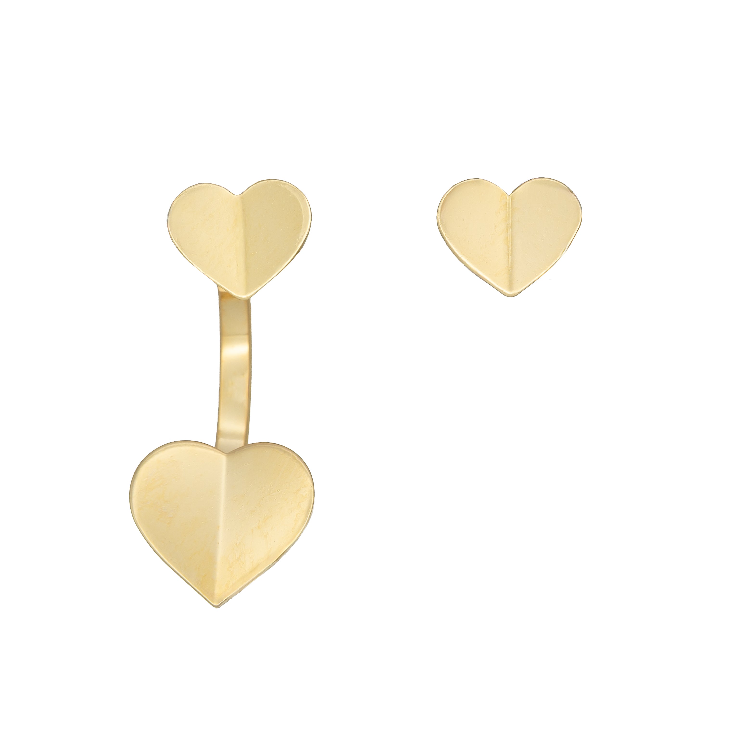 Double Pulse gold heart earrings with sculptural jacket design. Lightweight, hypoallergenic, bold yet delicate, hypoallergenic & handmade. Modern romantic statement by Dramma®