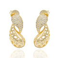  Gold and crystal sculptural earrings with curved lines and pave sparkle. Lightweight, hypoallergenic, and made to shine day or night by DrammaⓇ.