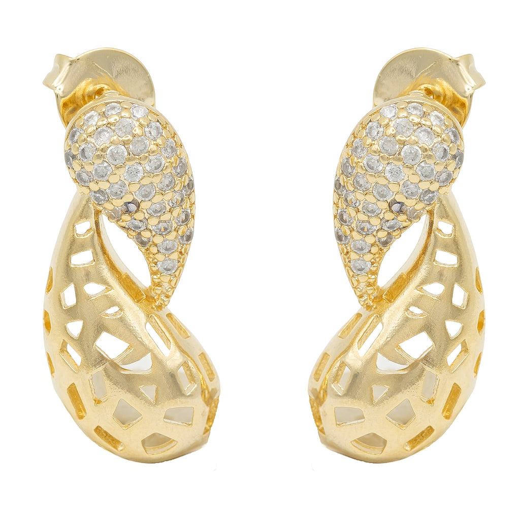  Gold and crystal sculptural earrings with curved lines and pave sparkle. Lightweight, hypoallergenic, and made to shine day or night by DrammaⓇ.
