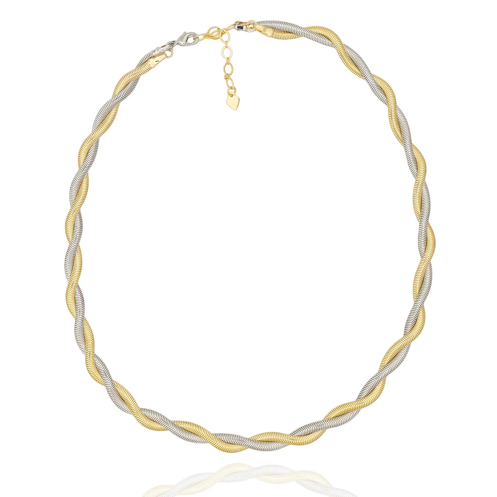 Dual-tone gold and silver necklace with intertwined design. Lightweight, modern, and hypoallergenic — sculptural balance by Dramma®.
