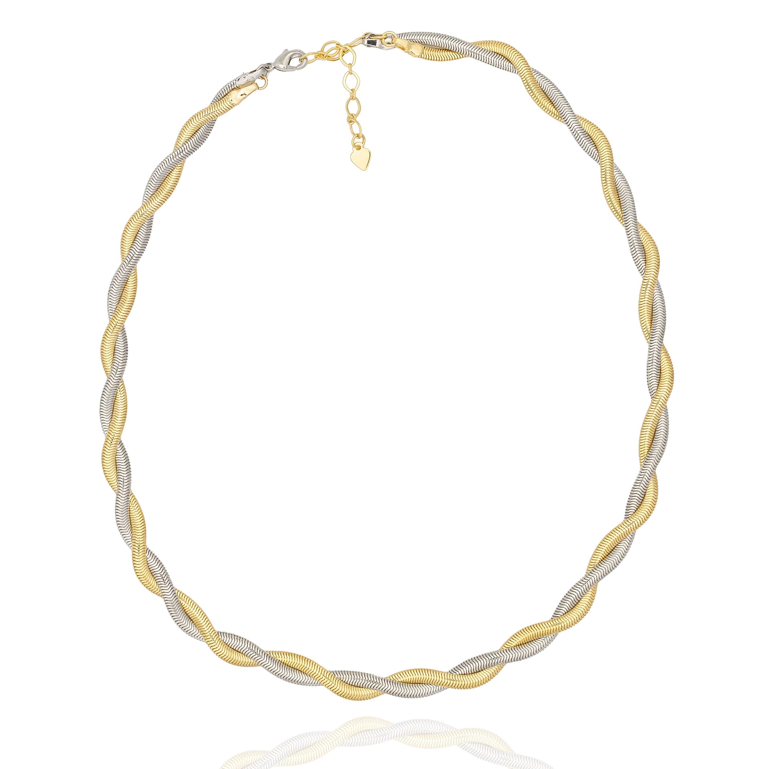 Dual-tone gold and silver necklace with intertwined design. Lightweight, modern, and hypoallergenic — sculptural balance by Dramma®.
