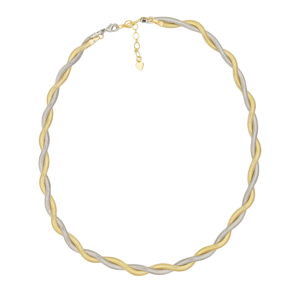 Dual-tone gold and silver necklace with intertwined design. Lightweight, modern, and hypoallergenic — sculptural balance by Dramma®.