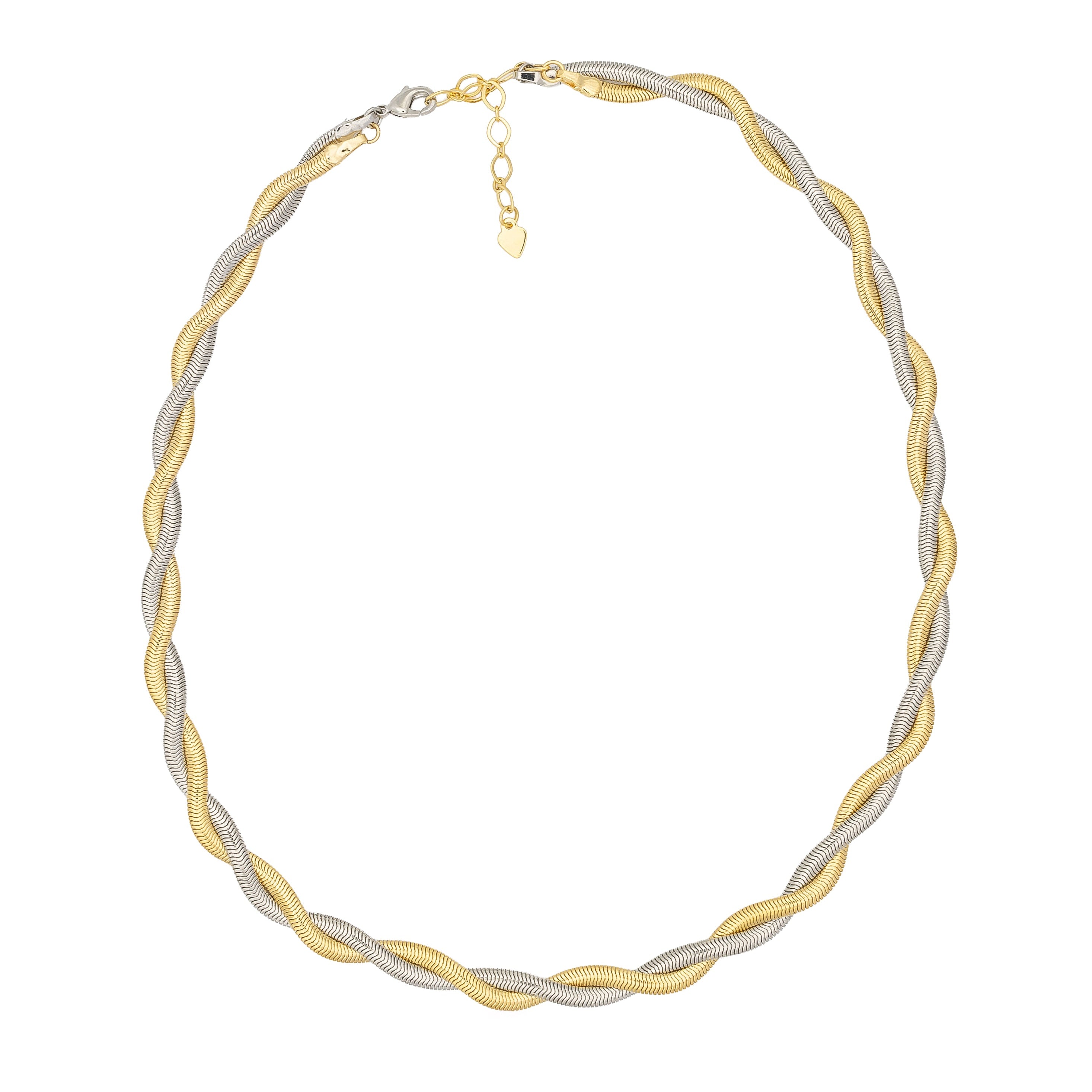 Dual-tone gold and silver necklace with intertwined design. Lightweight, modern, and hypoallergenic — sculptural balance by Dramma®.