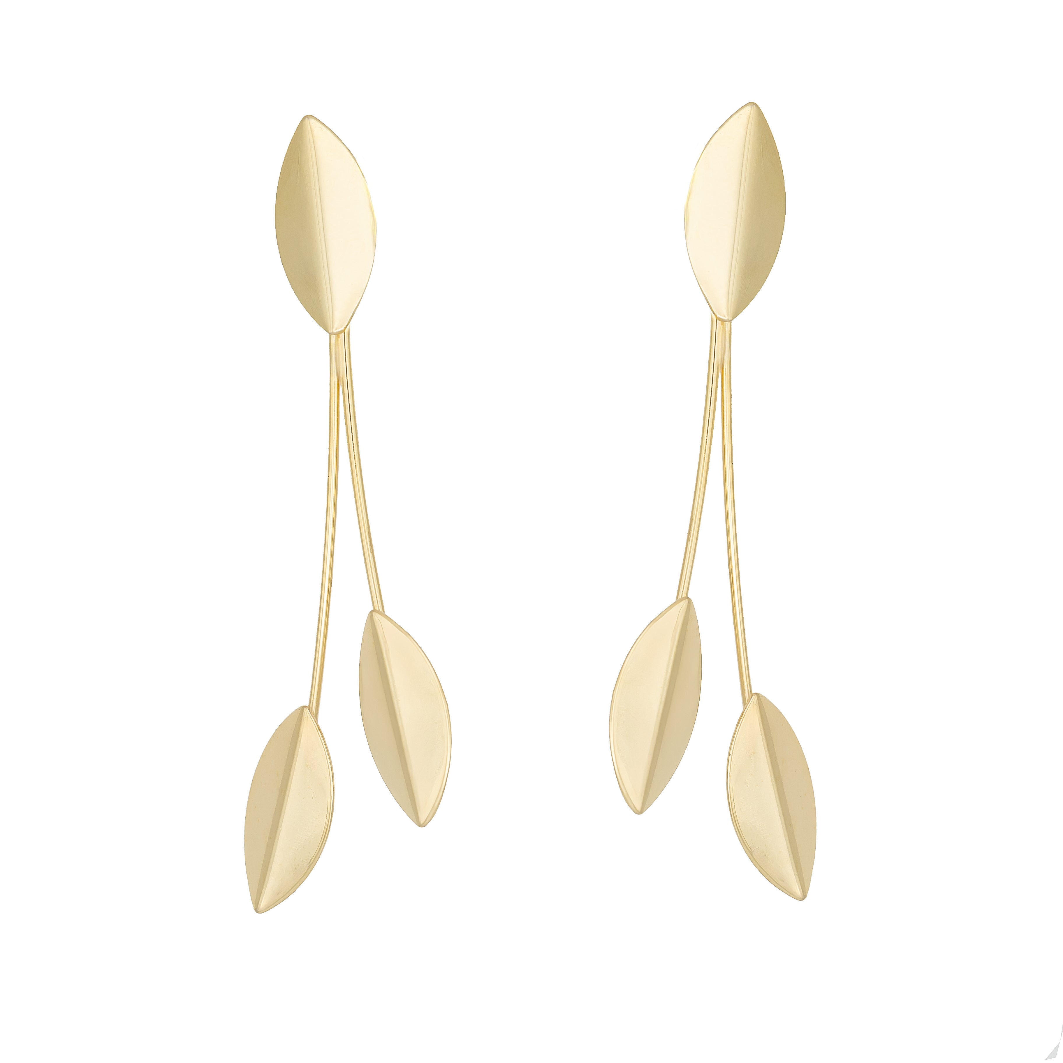 Gold dangle earrings with sculpted leaf design. Lightweight, hypoallergenic, and elegant — refined organic geometry by Dramma®.