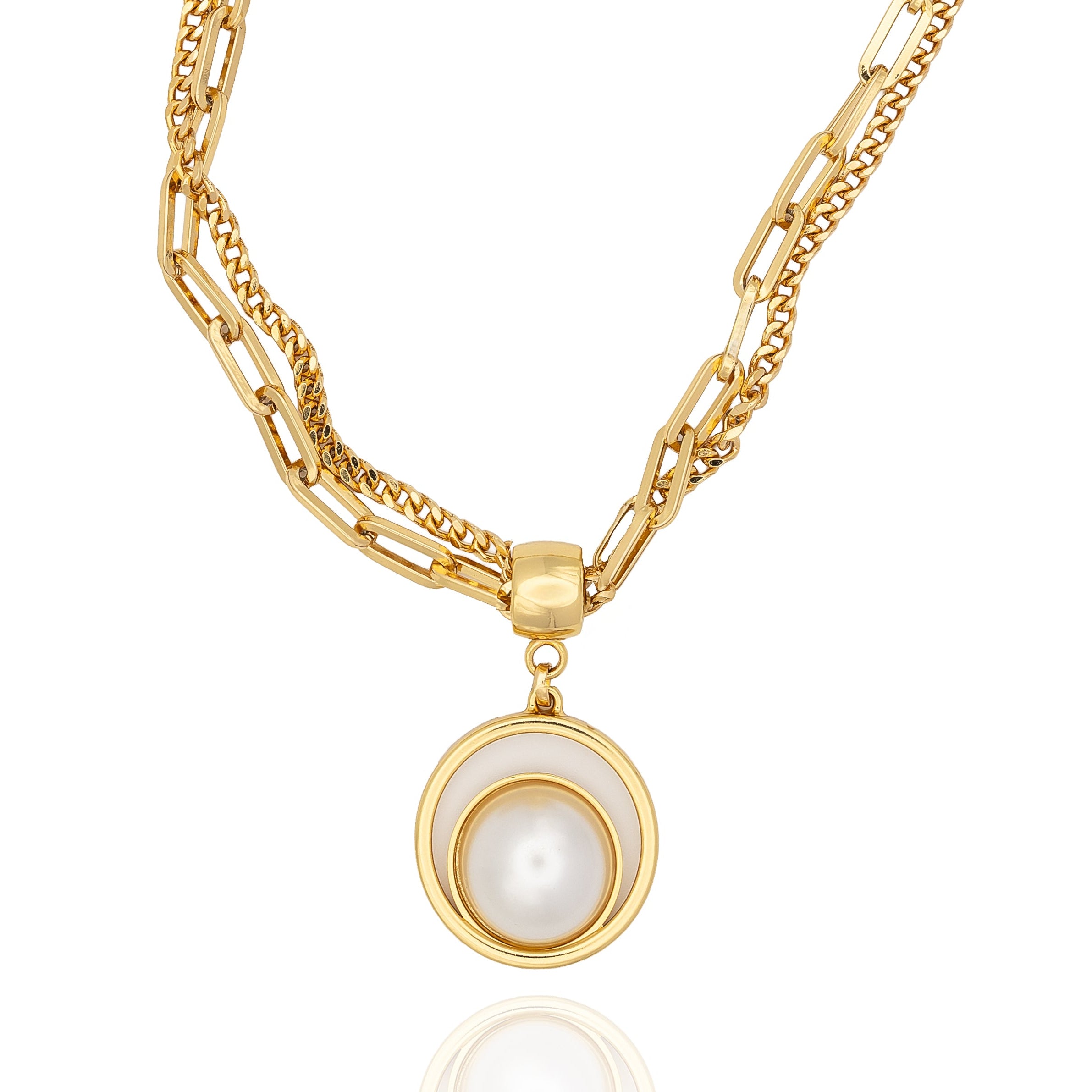  Double gold chain necklace with sculptural pearl pendant. Elegant, modern, and handcrafted with edge by DrammaⓇ.
