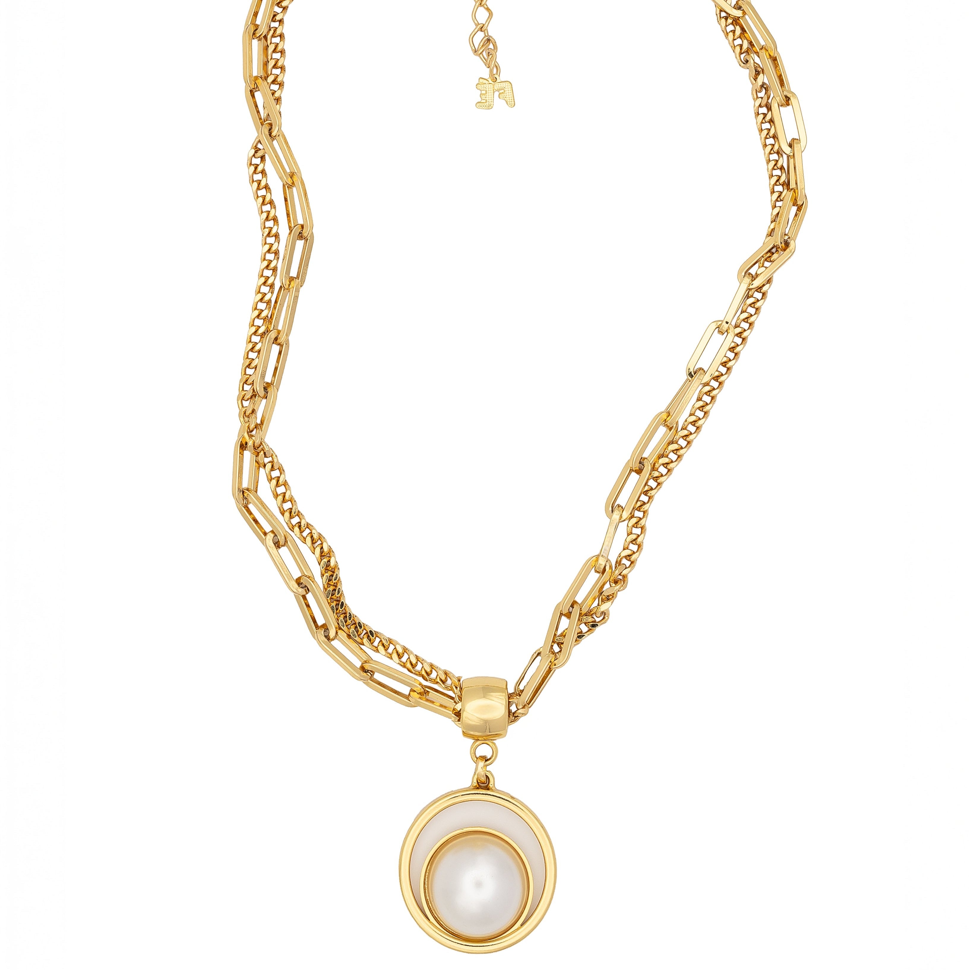  Double gold chain necklace with sculptural pearl pendant. Elegant, modern, and handcrafted with edge by DrammaⓇ.
