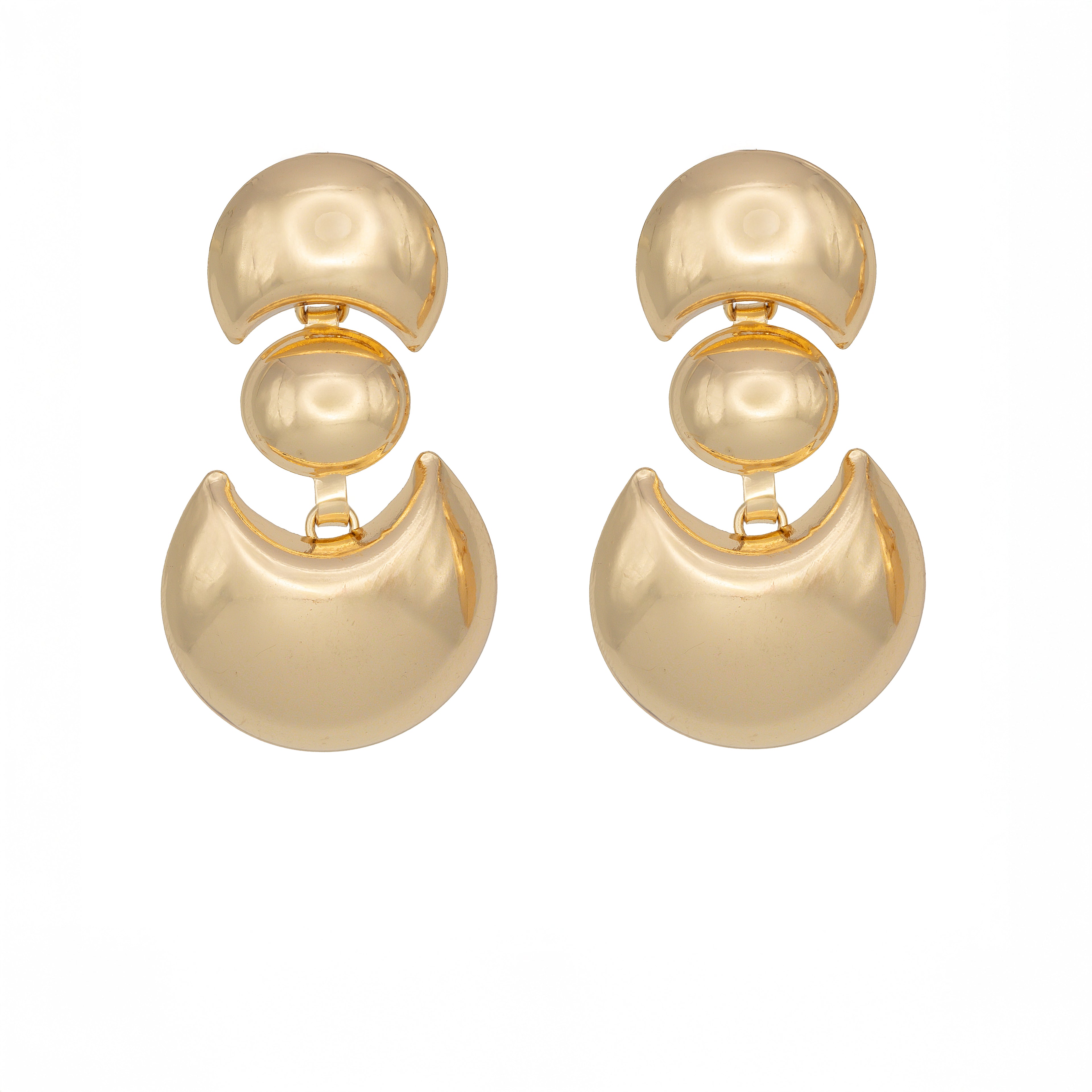 Orbit earrings in polished gold tone with sculptural volume. Lightweight, reflective, and designed with clean modern geometry by Dramma®.

