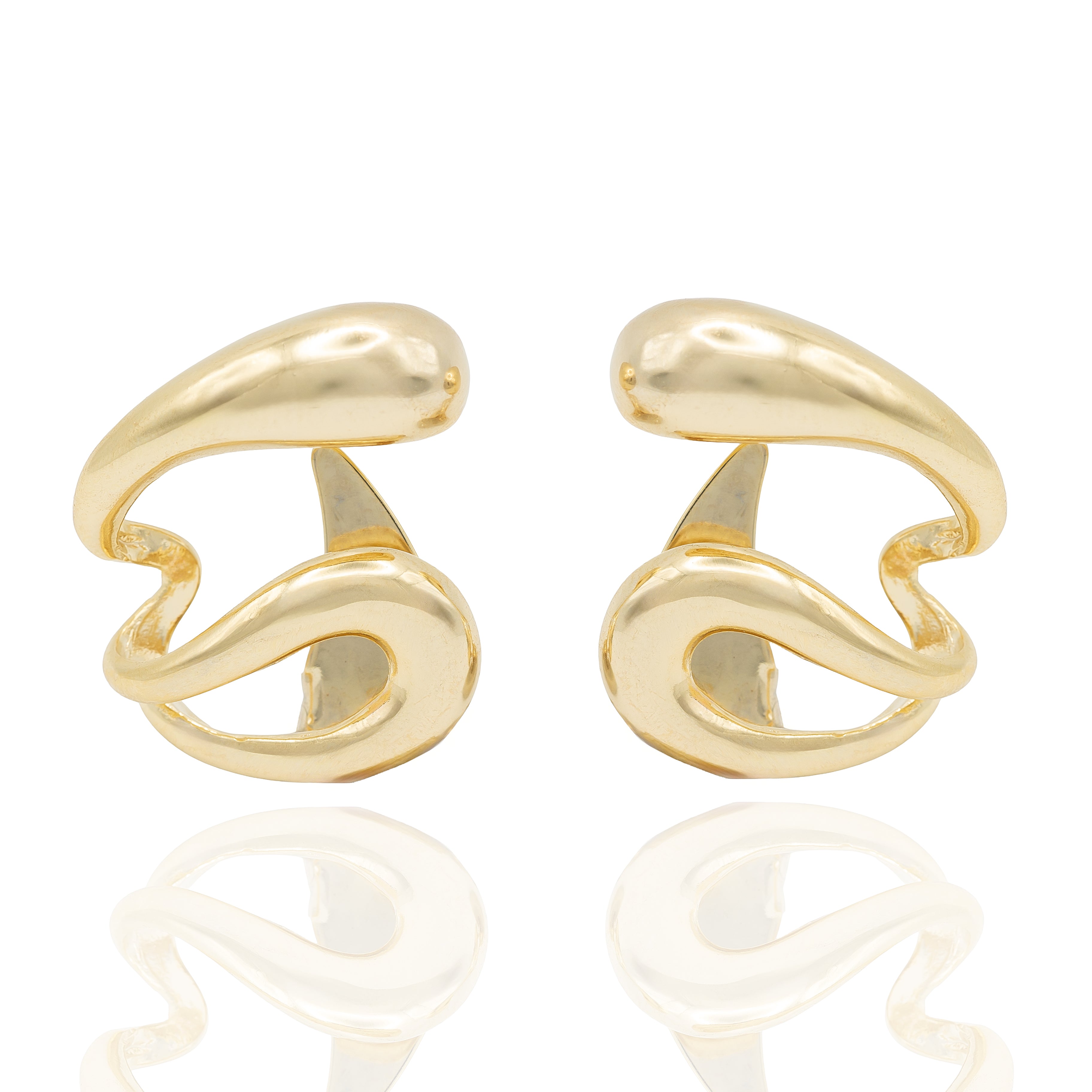 18K gold-plated sculptural earrings with versatile design. Wear as dangle or ear cuff. Lightweight, hypoallergenic, and nickel-free by Dramma®.