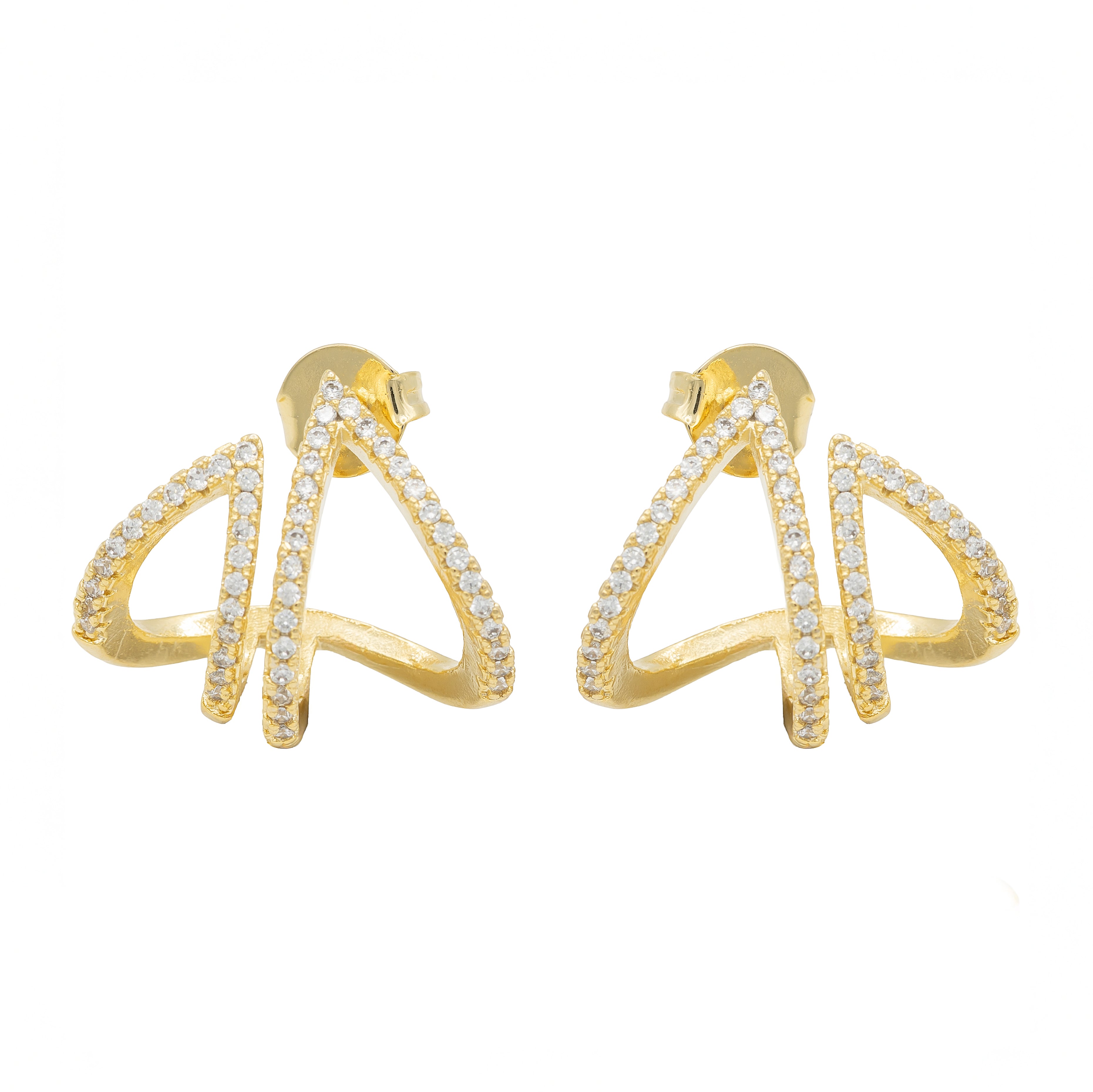  Stellar Angle earrings: sculptural asymmetry, crystal shine, and graphic attitude in a lightweight gold silhouette. Designed for bold style by DrammaⓇ.