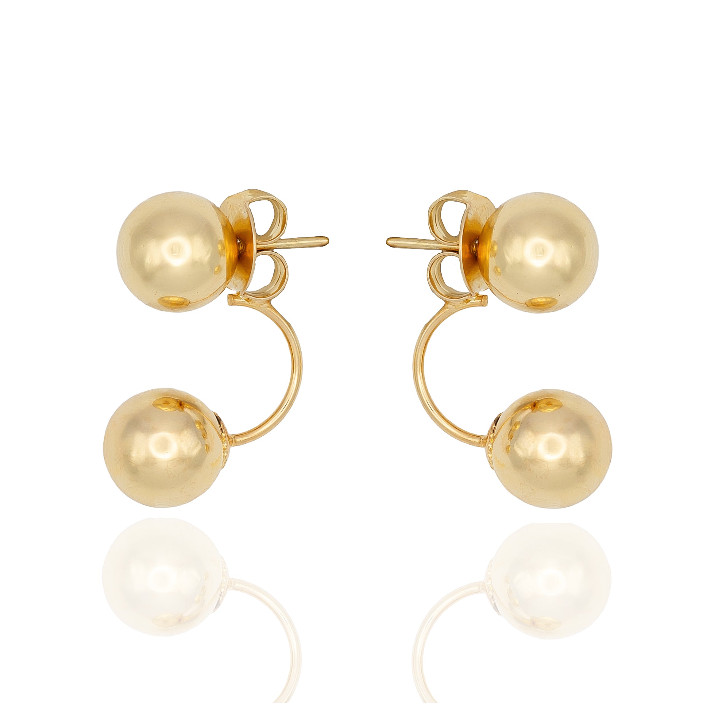 Polished gold jacket earrings with dual spheres. Sculptural, lightweight, and hypoallergenic — a modern minimalist statement by Dramma®.