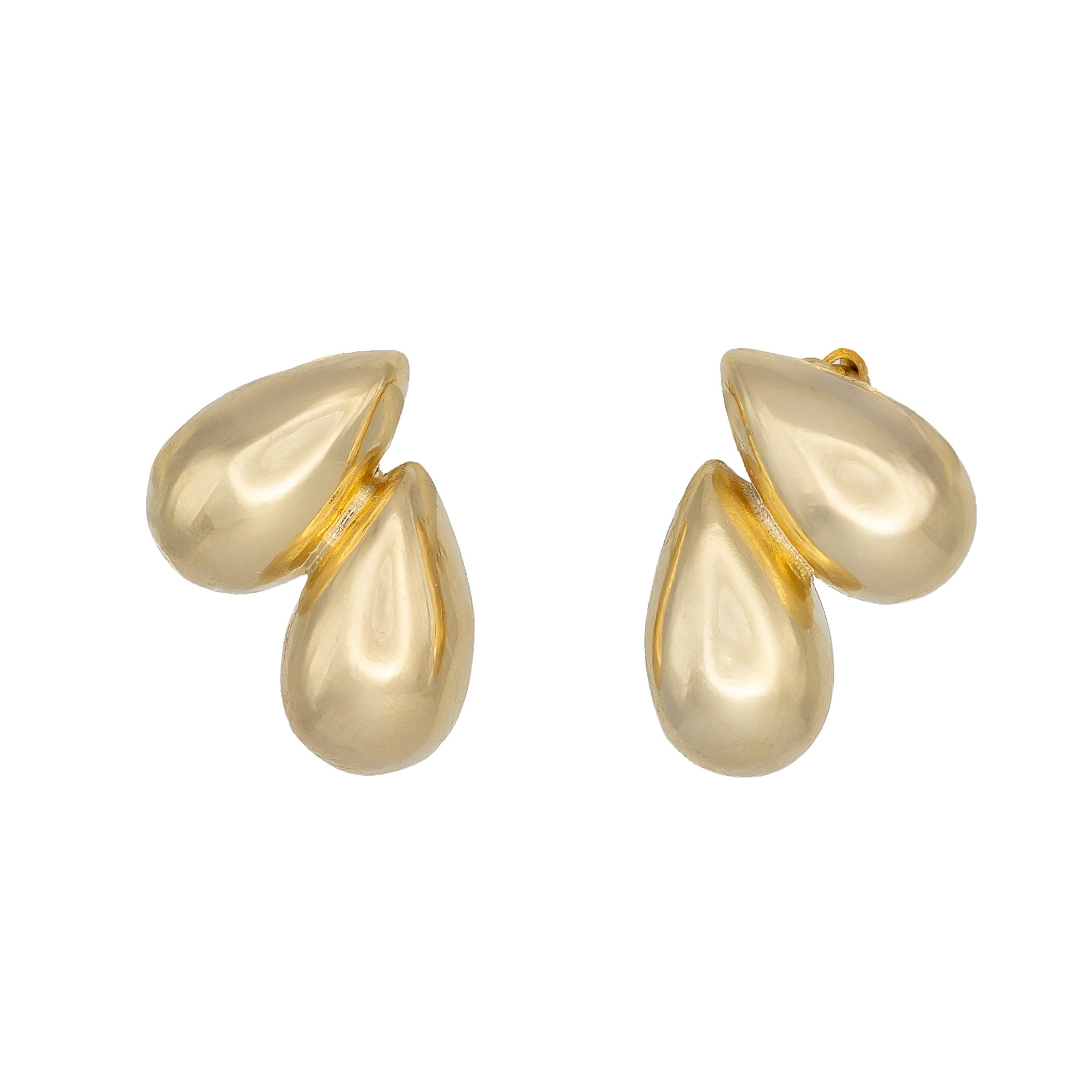 Sculptural gold teardrop studs from DRAMMA®. Small, lightweight, and hypoallergenic — refined everyday elegance with artistic presence.
